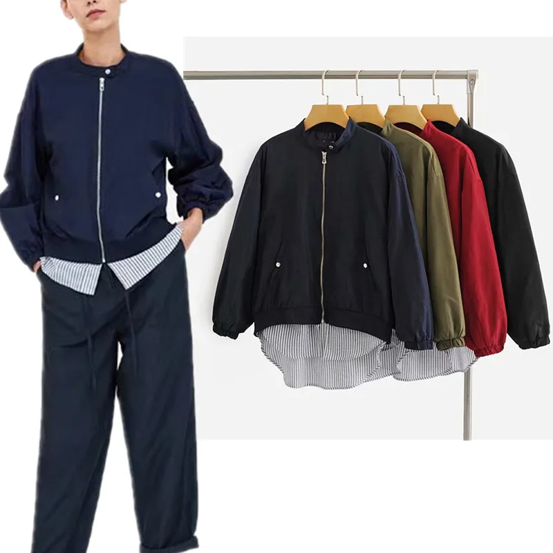 

Summer New Style Europe And America WOMEN'S Dress-Style Stripes Joint Light Loose-Fit Stand Collar Zipper Jacket W1864