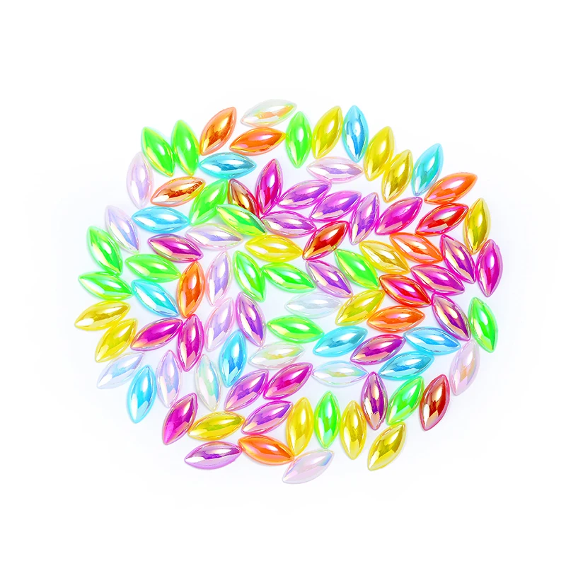 100p 7X15MM Horse Eye Navette FlatBack Candy Jelly Colors Rainbow Pearl Beads Clothes Decoration Gems Jewelry Applique Diy