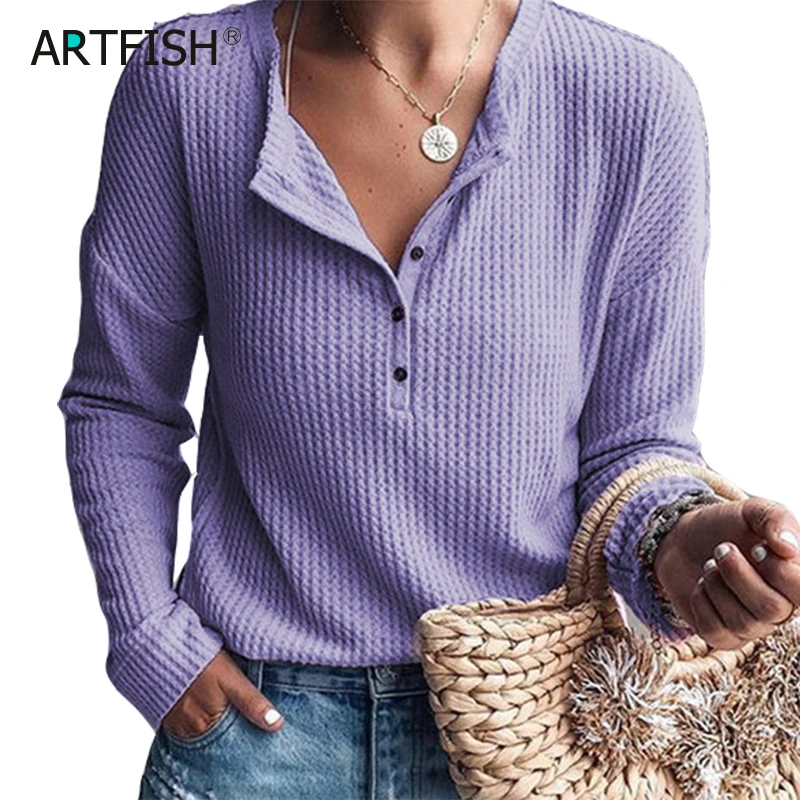

Autumn V-Neck T-shirts Long Sleeve Winter Buttons Shirts Knitted Women Tops Plus Size Solid Knitwear Casual Knit Tee Basic M0104