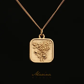 

CHUANGU 925 Silver Gold Rose Pendant Retro Square Brand Necklace Double-sided Relief Wool Necklace Women's Gift letter necklace