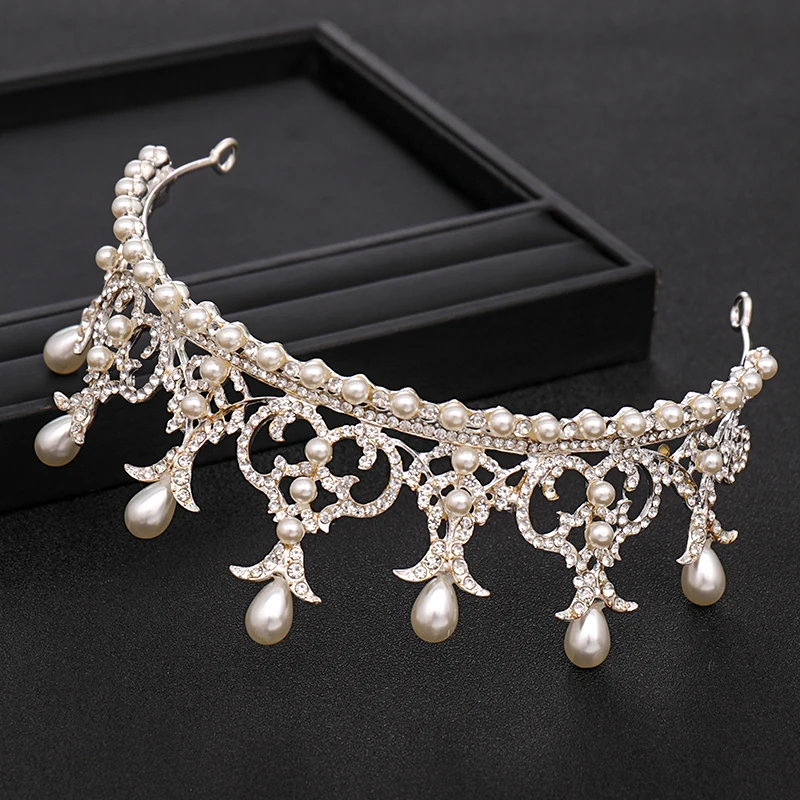 Trendy Wedding Crown Pearl Headband Baroque Silver Rhinestone Crystal Crown Princess Crown Bride Wedding Crown Hair Accessories