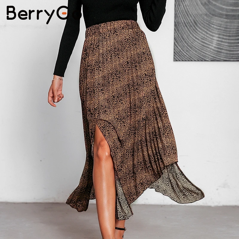 BerryGo винтажная юбка миди с леопардовым принтом Женская Осенняя богемная Асимметричная Женская юбка Повседневная Уличная Женская юбка с высокой талией