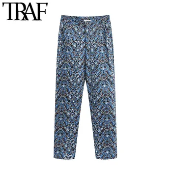 

TRAF Women Chic Fashion Floral Print Straight Pants Vintage High Waist Zipper Fly Side Pockets Female Trousers Mujer