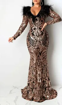 

Elegant Long Dress Fashion Shining Ngiht CLub Women Banquet Wedding Faether Long SLeeve Evening Party Dress Sexy Dress