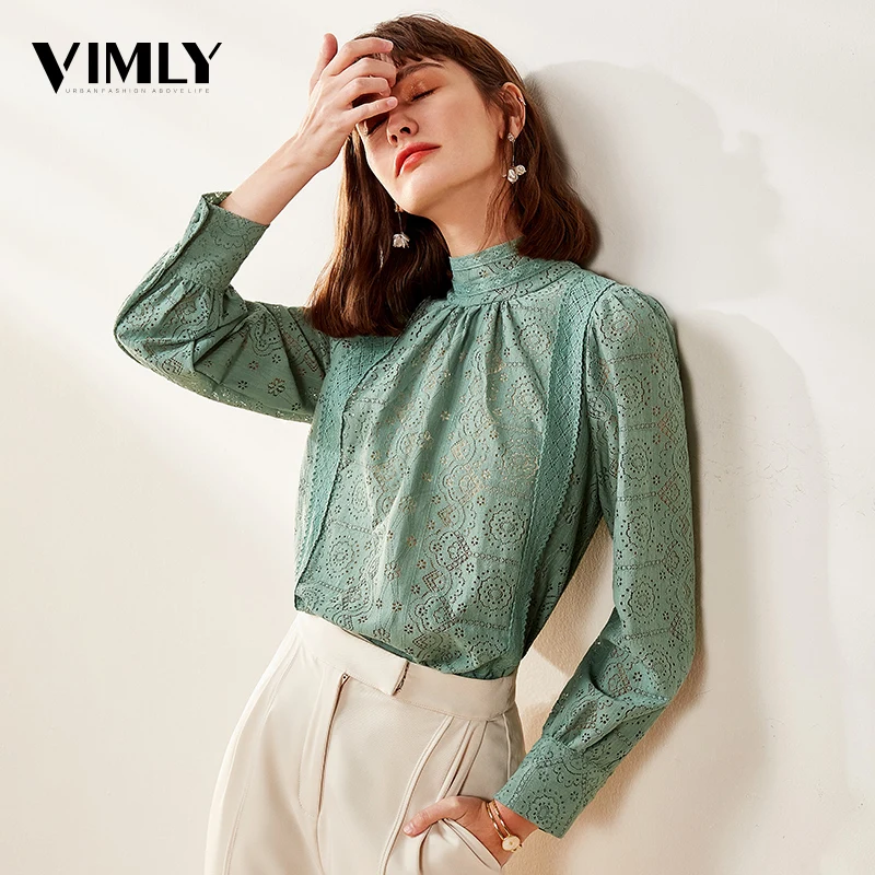 

Vimly Elegant Women Lace Hollow Out Blouse Shirt Office Ladies Lantern Sleeve Embroidery Blouses Spring Vintage Tops Female