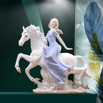 

Classical Western Girl Ceramics Portrait Horse Riding Statue Figurines Vintage Home Decor Desk Decoration Porcelain Statuette
