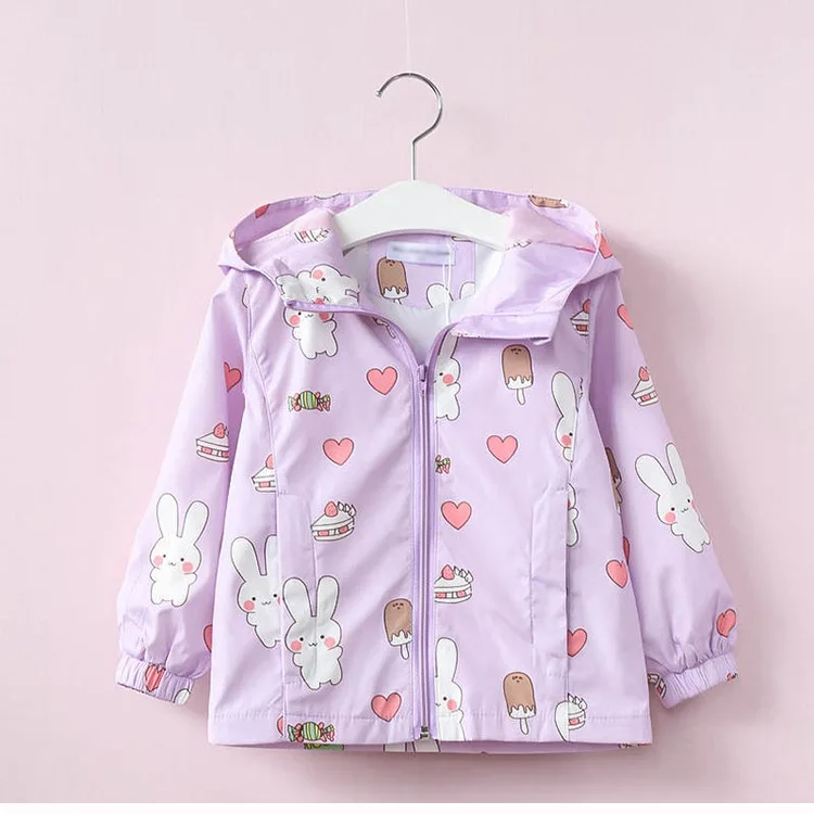 Пальто для девочек детская одежда в Корейском стиле, 2019 г., весенне-осенний Детский плащ с капюшоном с рисунком кролика и мороженого Детская