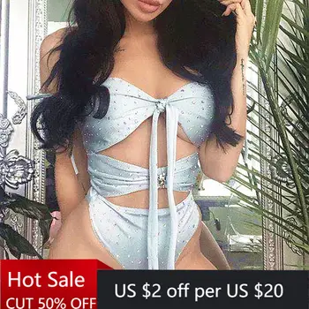 

Hot Sale 2020 New Grey Bra Tie Tie Women One Piece Swimsuit Sexy Crystal Diamond High Waist Nightclub Bikini Sexy Women Swimsuit