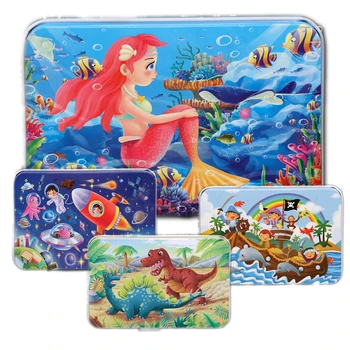 

4boxes/Set Children's wooden cartoon puzzle Iron boxed Mermaid/space/Dinosaur/ Pirate Captain Puzzle Baby desktop Insert toys