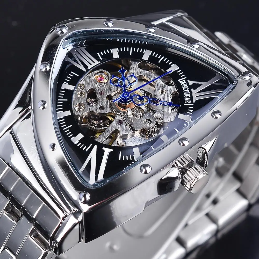 Men Mechanical Watch Triangle Skeleton Dial Automatic Watch Black Silver Stainless Steel