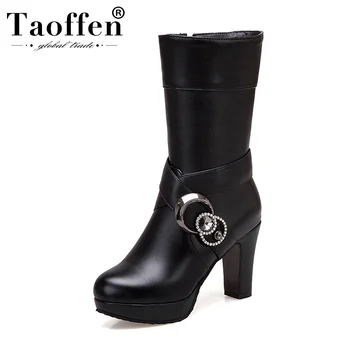 

Taoffen Women Mid Calf Boots Keep Warm Fur Winter Shoes Women Casual Crystal Buckle High Heels Platform Boots Size 33-43