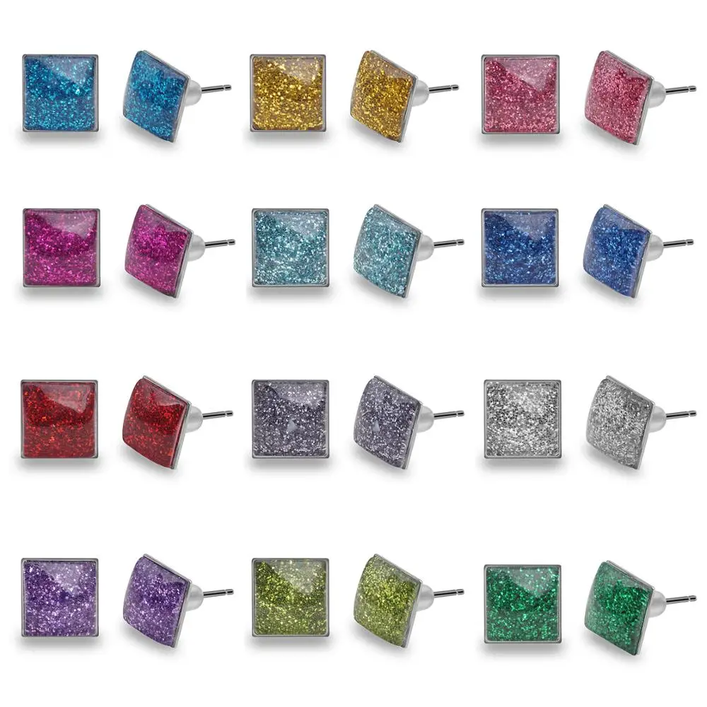 

12 Paris/Set Shiny Crystal Earrings Square Cute Stud Earrings Set for Women Multi-Color Stud Earrings