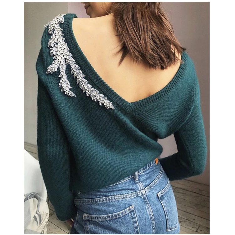 

Pullover Promotion Wool 2019 New Women's Sweater Backless Branches Nail Drill V-neck Water Velvet Knitted Women Can Wear Two