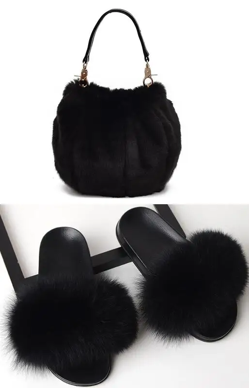Women's Casual Plush Slippers Bag Set Ladies Pumpkin Cute Furry bag Real Fox Fur Slippers Set Elegant Dating Fluffy Slides Purse - Цвет: Set 6