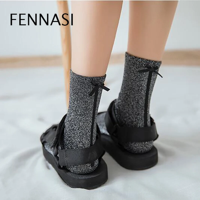 FENNASI Harajuku, забавные женские носки, женские тонкие однотонные носки, женские блестящие носки, модные сексуальные носки с черными полосками, лоскутные носки с бантом