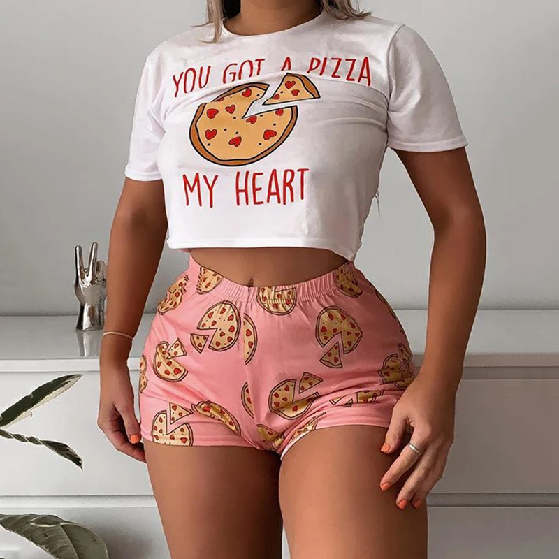 OMSJ 2020 Women Two Piece Set Summer Short Sleeve Crop Top and Shorts Pizza Pattern Print Matching Suit Lady Lounge Wear Outfits OMSJ 2020 Women Two Piece Set Summer Short Sleeve Crop Top and Shorts Pizza Pattern Print Matching Suit Lady Lounge Wear Outfits