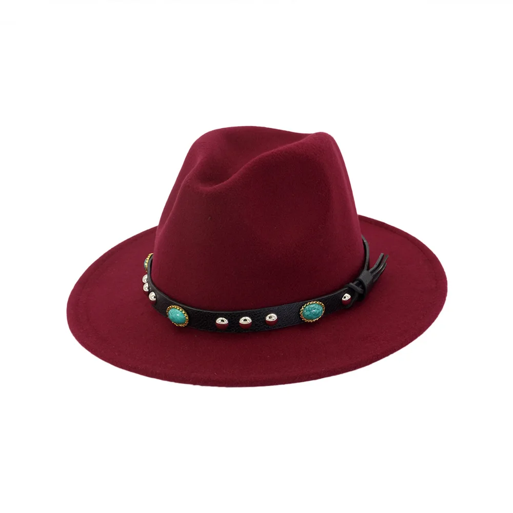 Осенняя и зимняя одноцветная шляпа с полями из бисера, шляпа для путешествий, шляпа-федора, джаз, Панама, шляпы для женщин и девушек 55 - Цвет: wine red