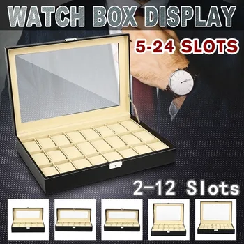 

5-12 Slot Watch Box Leather Watch Display Organizer Leather Jewelry Case Drawer Glass Top Birthday Gift for Men Women