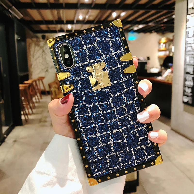 Блестящий металлический квадратный чехол для iPhone 6, 7, 8 Plus, 11 Pro, X, XR, XS Max, клетчатый порошок для samsung Galaxy S9Plus, Note 10, 9, задняя крышка - Цвет: Синий