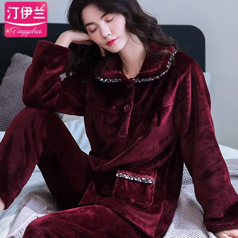 sleepwear women Теплая одежда для сна Женский комплект теплая Пижама женская зимняя фланелевая Толстая Коралловая флисовая Пижама женская пижама больших размеров Femme Homewaer Sleep - Цвет: sleepwear women