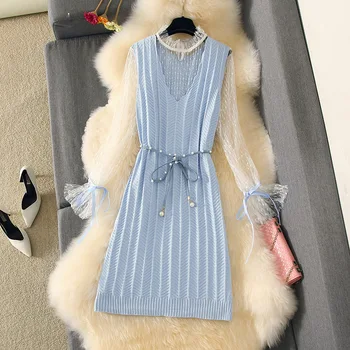 

Fashion Ladies Dress Suit Women Outfits 2019 Autumn Winter Perspective Mesh Long Sleeve Shirt +long Knit Sleeveless Sweaters Set