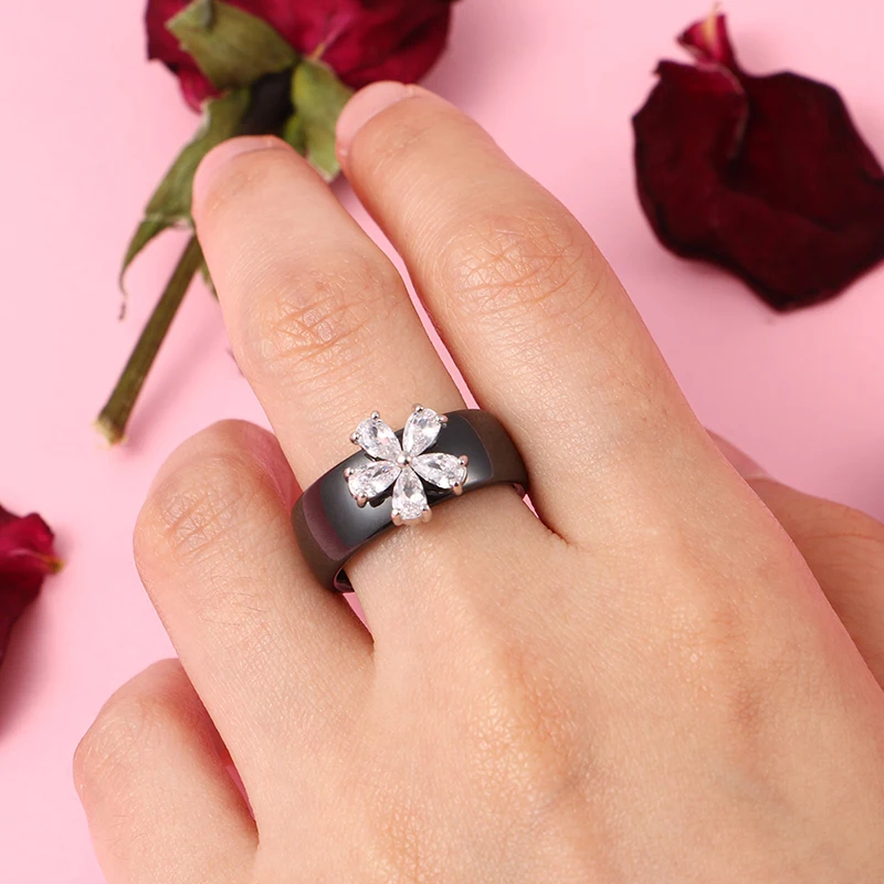 Серебро CZ Кристалл Женское кольцо Bling белый камень форма цветка здоровые керамические кольца модные женские рождественские ювелирные изделия подарок
