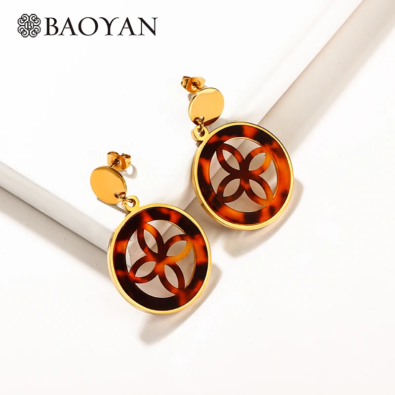

Baoyan Bohemian Leopard Clover Flower Earrings Fashion Big Leopard Acrylic Earrings Gold Stainless Steel Drop Earrings For Women