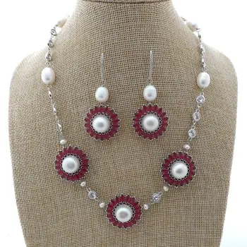 

M011904 19'' White Pearl Chain CZ Pave Flower Necklace Earrings Set