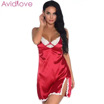 

Female V-neck Sling Babydoll Lace Patchwork Temptation Nightgown Backless Sexy Lingerie Nightwear Women Side Slit Exotic Dress