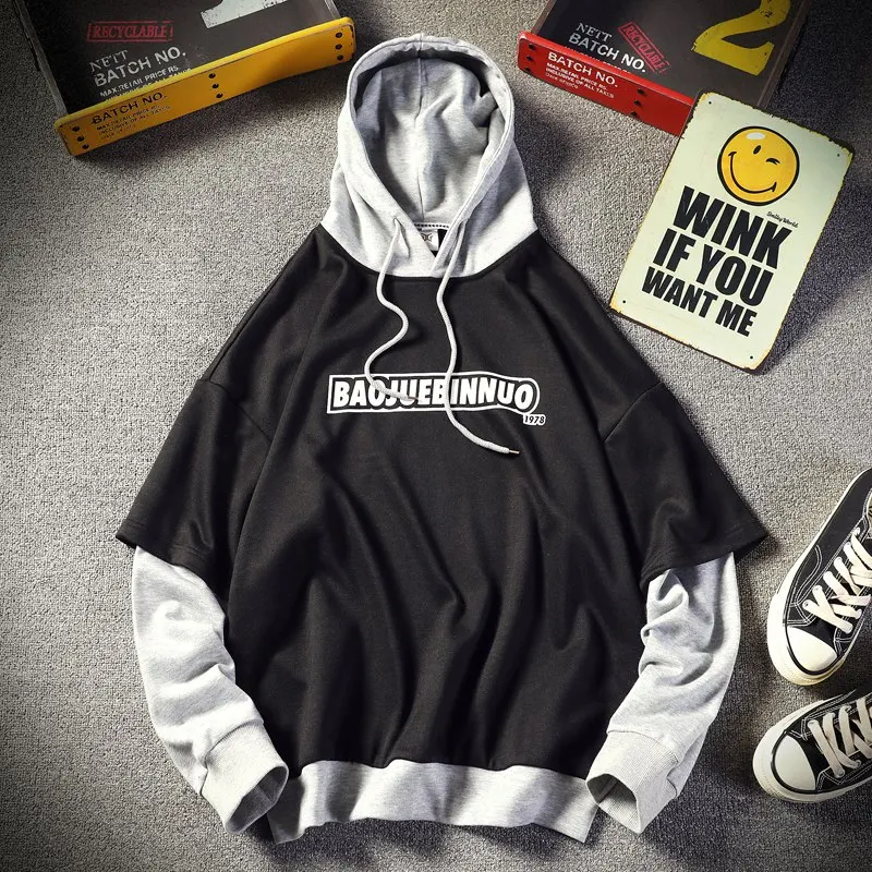 

Trendy Hoodies Men Long Sleeve Fake Two Thin Casual Sweatshirt Slim Fit Street Workout Tracksuit Student Sportwear Clothing R6