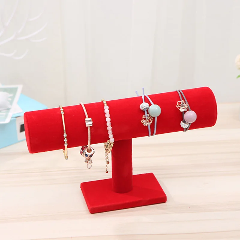 Scarlet Velvet 1PC Watch Jewelry Organizer T-Bar Rack Velvet/PU Leather Portable Bracelet Bangle Necklace Display Stand Holder - Color: Scarlet Velvet