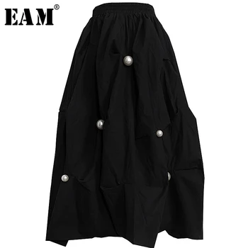 

[EAM] High Elastic Waist Black Pearl Stitch Three-dimensional Half-body Skirt Women Fashion Tide New Spring Autumn 2020 1S466
