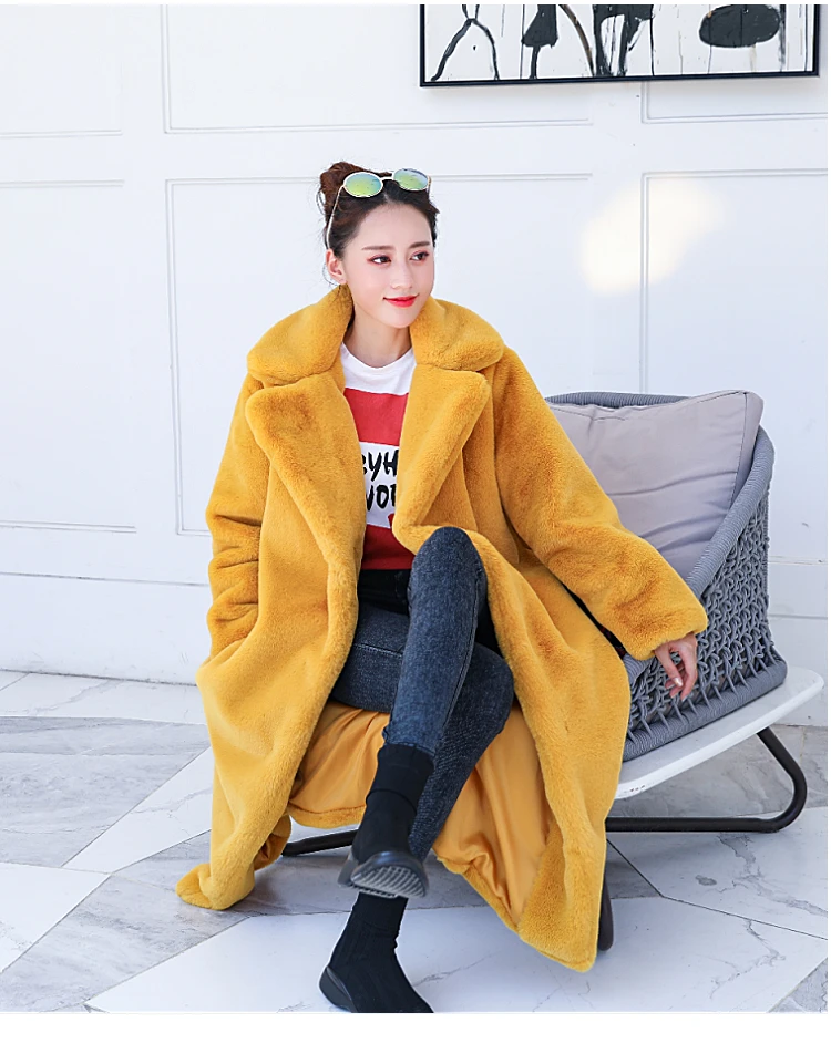 Winter Women High Quality Faux Rabbit Fur Coat Luxury Long Fur Coat Loose Lapel OverCoat Thick Warm Plus Size Female Plush Coats