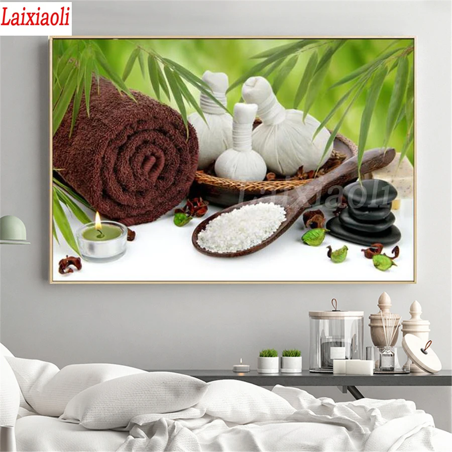 5d square diamond painting Spa Stones Zen Painting Candles Orchid