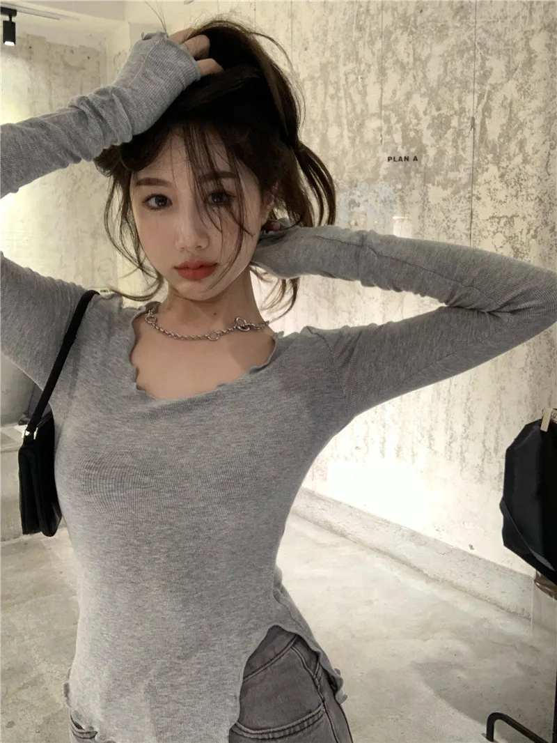 Long Sleeve T-shirts Women Fungus Line Irregular Hem Knitted Slender Autumn Bottoming Tees Chic Fashion Sexy Solid Ulzzang New