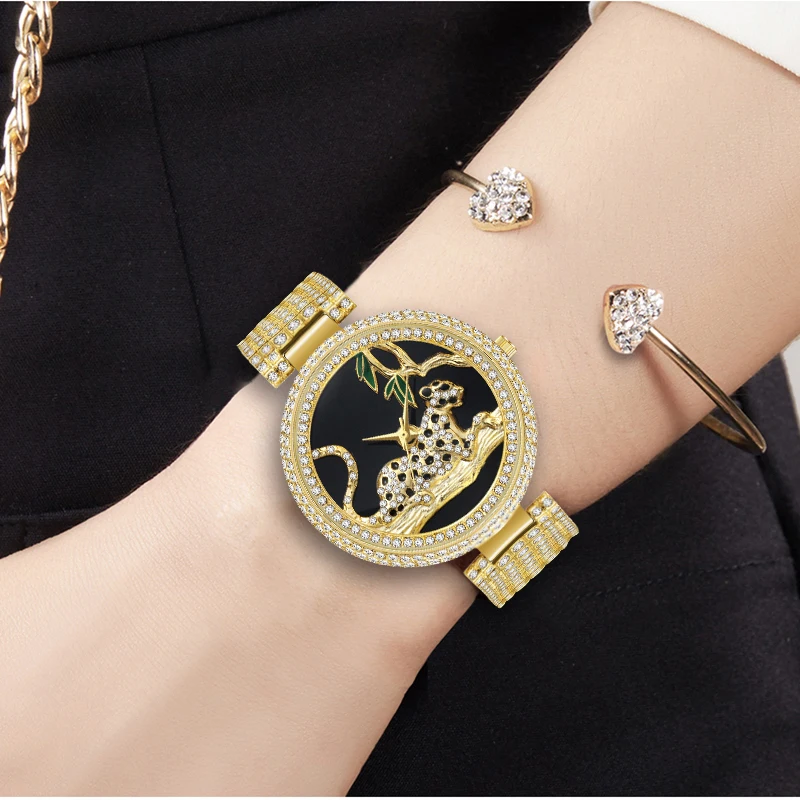 Cheio de Diamantes de Luxo Pulseira de Relógios de Ouro para Mulheres Missfox Novo Design Relógio Leopardo Brilhante Mulheres Relógios Senhoras Elegantes Assistir