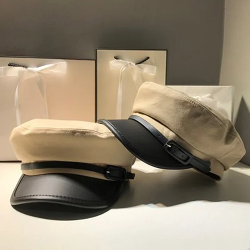 Women Black Military Hats Berets Autumn Winter England Fashion Pu Leather Patchwork Harajuku Newsboy Caps With Belt Female
