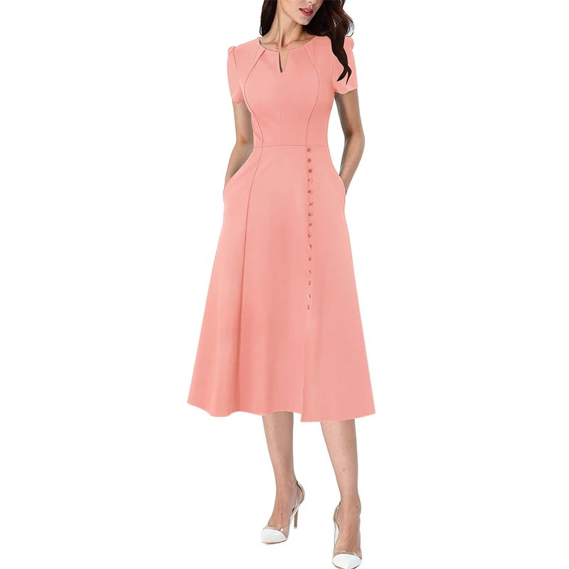 

Vfemage Women Pleated Notch V Neck Pockets Buttons Work Office Business Cocktail Party Fit & Flare A-Line Skater Midi Dress 2867
