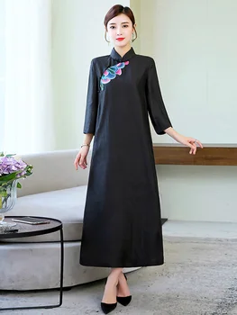 

2020 women improved cheongsam aodai cotton mandarin collar embroidery banquet party full length loose dress chinese style qipao