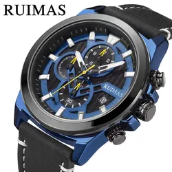 RUIMAS Reloj de pulsera deportivo para hombre, cronógrafo de cuarzo, resistente al agua, con rejilla de espejo, luminoso, con calendario