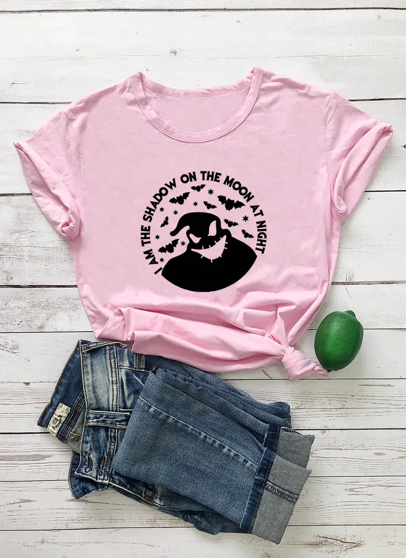pink-black text Новое поступление, женская летняя забавная футболка из хлопка с графическим принтом I AM THE SHADOW ON THE MOON AT NIGHT, футболка на Хэллоуин - Цвет: pink-black text