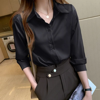 Women's Silk Shirts V-neck Solid Laides Tops Womens 2021 Fall Fashion Satin Long Sleeve Blouses Button Up White OL Vintage Top black