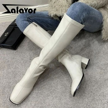 

ZALAVOR Women High Heel Boots Square Toe Zipper Women Knee High Boots Fashion Party Winter Shoes Women Footwear Size 34-43
