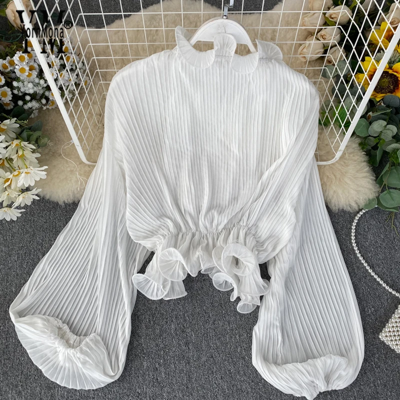 Модная женская блузка с плиссированным рукавом белая рубашка элегантная