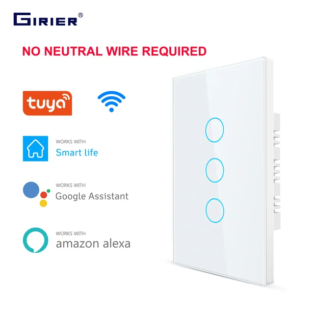Smart Wifi Touch Switch No Neutral Wire Required Smart Home 1/2/3 Gang Light Switch 220V Support Alexa Tuya App 433RF Remote 1