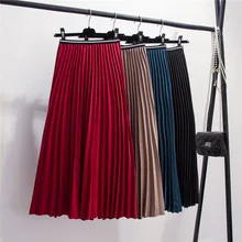 Осенняя Женская длинная Плиссированная юбка Новая эластичная высокая талия однотонная винтажная Повседневная Свободная до середины икры макси линия юбка Уличная