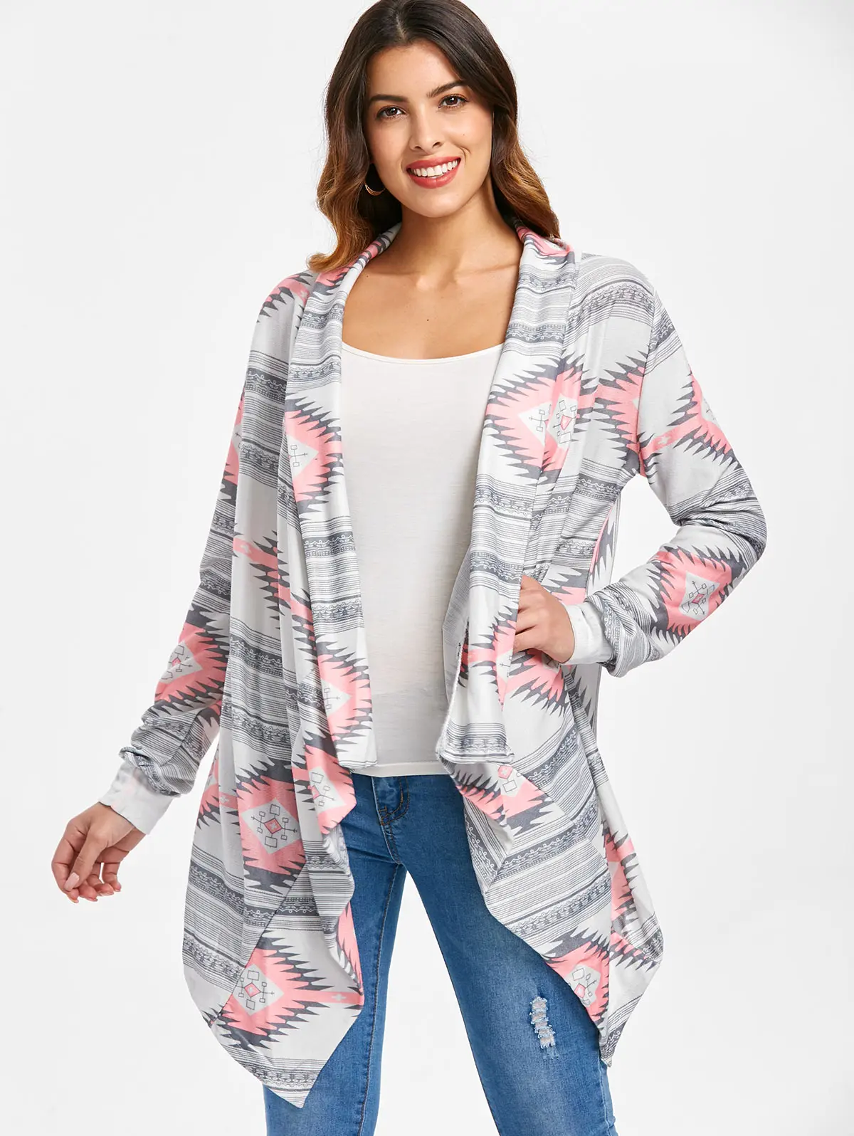 women cardigans geometric printed long sleeve asymme