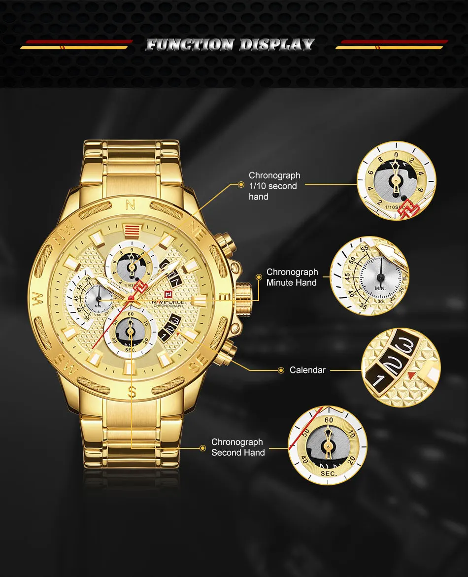 NAVIFORCE люксовый бренд для мужчин s спортивные часы золото полный сталь кварцевые часы для мужчин Дата Неделя водонепроницаемый военный часы Relogio Masculino