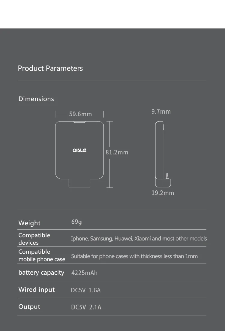 OISLE 4225mAh Type C Battery Charger Case External USB-C Power Bank Mini Charging Case For Samsung S8 S9 Plus Note8 / huawei p30 10000 mah