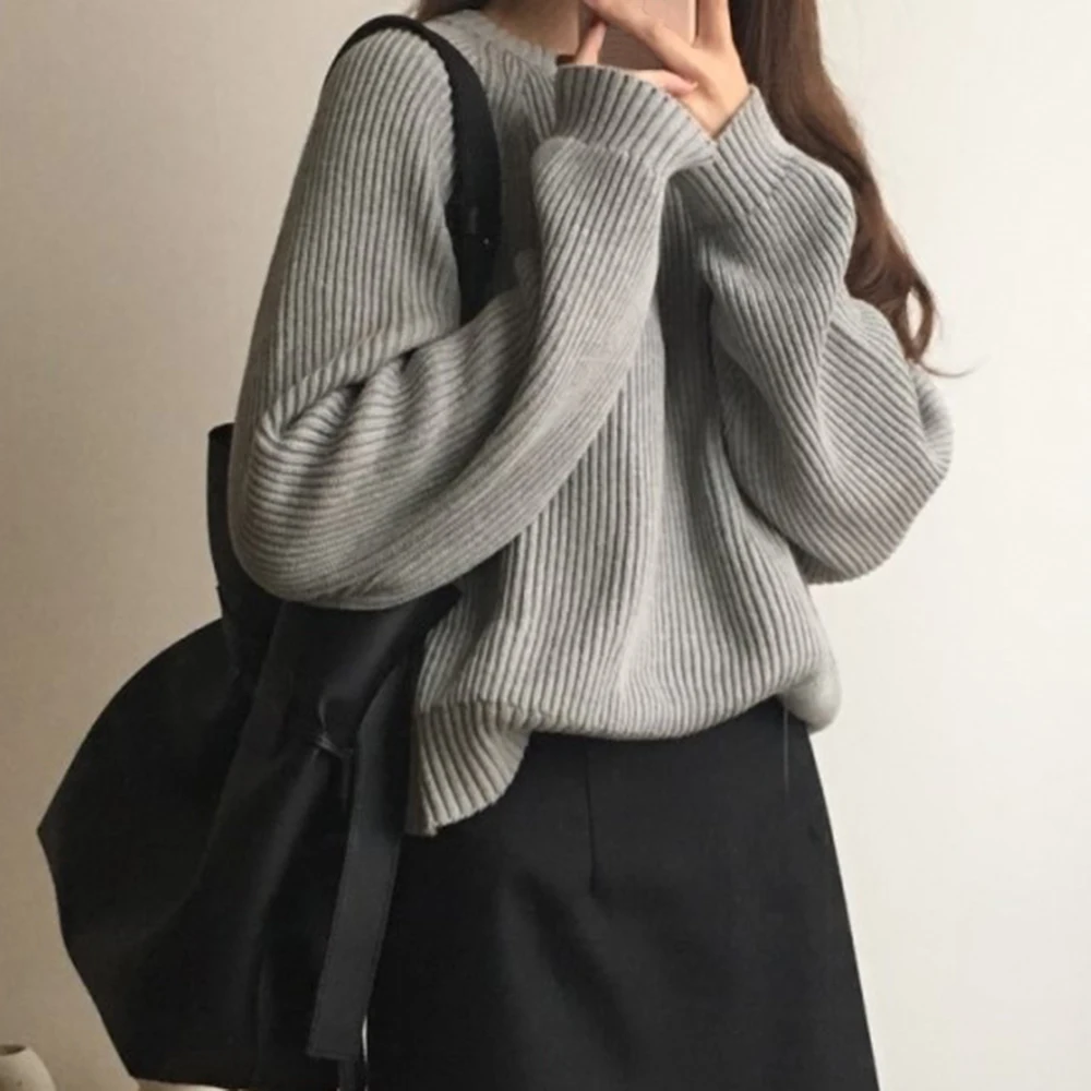 Корейский модный Женский вязаный свитер с длинным рукавом, однотонный пуловер с круглым вырезом и джемпер, свободный короткий женский свитер